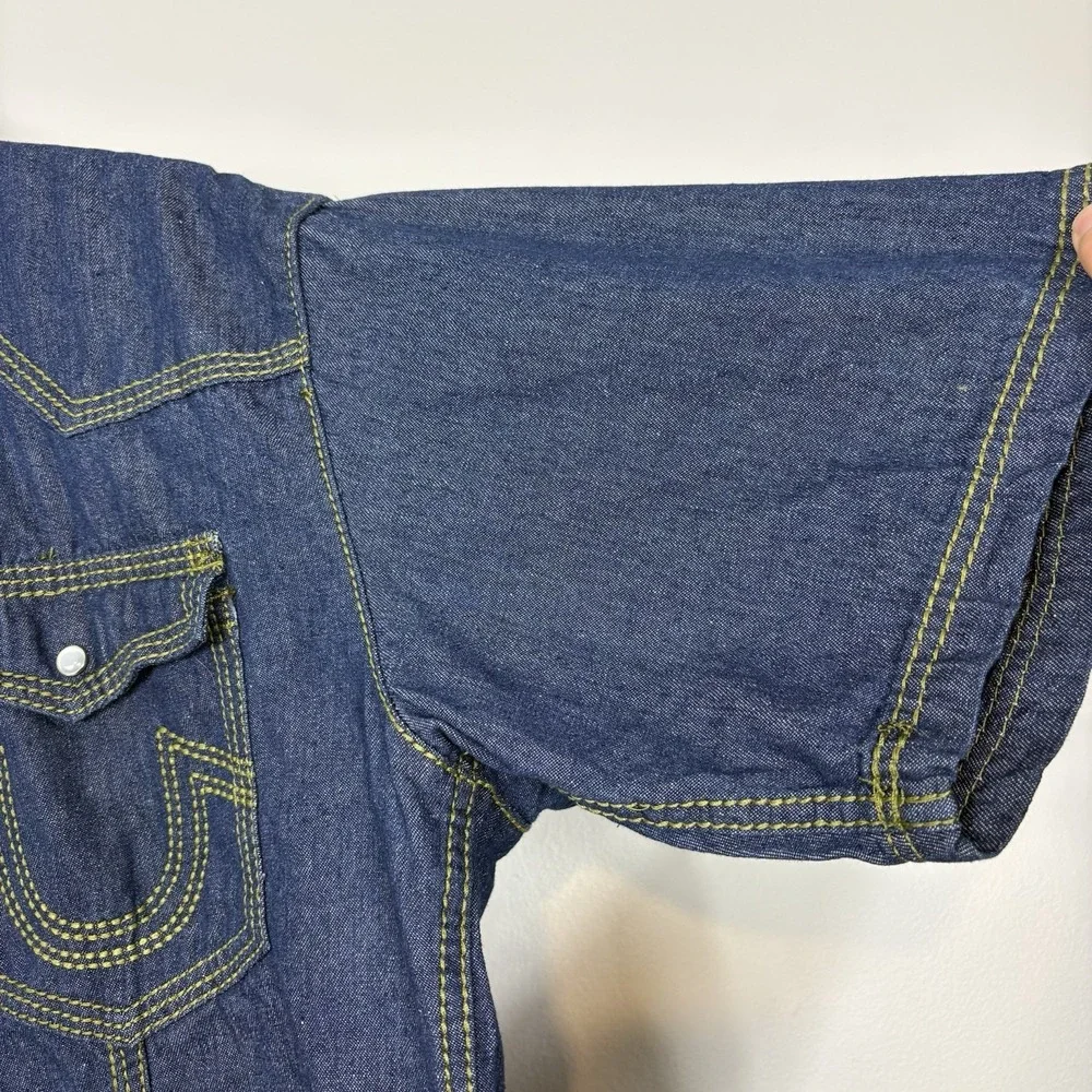 Vtg Y2K True Religion Joey Denim Western Shirt Sz XXXL Pearl Snap Short Sleeve